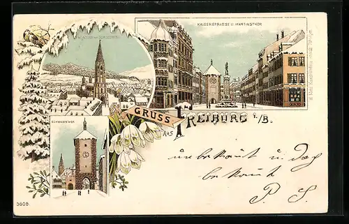 Winter-Lithographie Freiburg i. B., Kaiserstrasse und Martinsthor, Schwaben-Thor, Münster mit Schlossberg