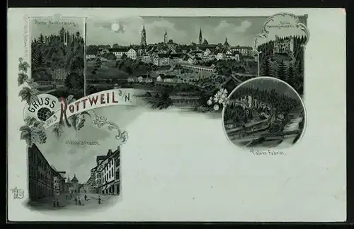 Mondschein-Lithographie Rottweil a. N., Hauptstrasse, Pulver Fabrik, Ortsansicht