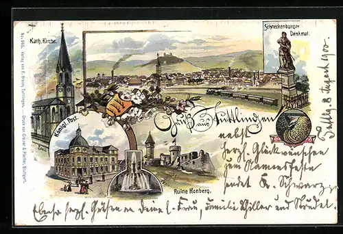 Lithographie Tuttlingen, Totalansicht mit Ruine und Schneckenburger Denkmal