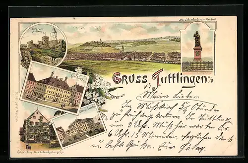 Lithographie Tuttlingen, Haupt-Bahnhof, Rathhaus, Gesamtansicht aus der Vogelschau