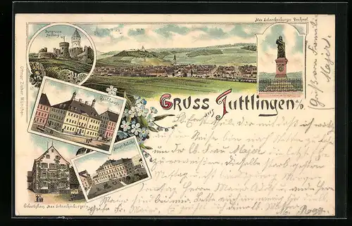 Lithographie Tuttlingen, Hauptbahnhof, Geburtshaus Max Schneckenburger, Burgruine Honberg