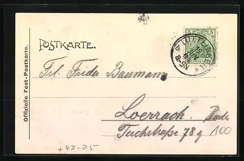AK Tuttlingen, VII. Hegau-Sängerfest 1904, Festhalle und Knabenshcule mit Max Schneckenburger-Denkmal