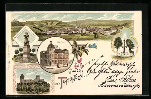 Lithographie Tuttlingen, Kgl. Post, Ruine Honberg, Gesamtansicht