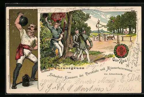 Künstler-AK Michaelis: Turner im Park und Sportler mit Gewichten