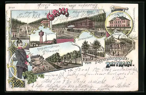 Lithographie Zeithain, Truppenübungsplatz mit Bahnhof, Offiziers-Casino, König-Albert-Strasse