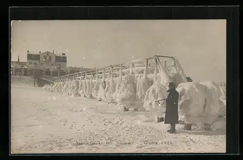 AK Schilksee, Anlegebrücke im Winter 1922, Unwetter