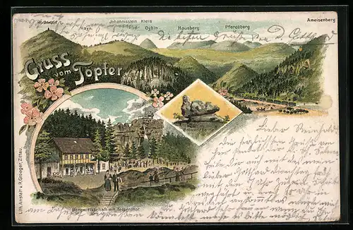 Lithographie Töpfer, Gasthaus mit Felsentor, Brütende Henne im Dämmerungslicht, Panorama mit Hochwald, Hayn und Hausberg