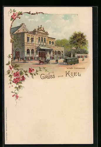 Lithographie Kiel, Gasthaus Wriedt`s Etablissement mit Strassenbahn