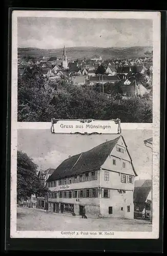 AK Münsingen, Gasthof zur Post W. Knöll, Ortsansicht aus der Vogelschau