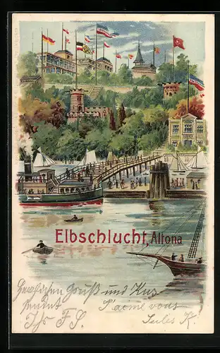 Lithographie Hamburg-Altona, Gasthaus Elbschlucht mit Strandbrücke und Dampfer