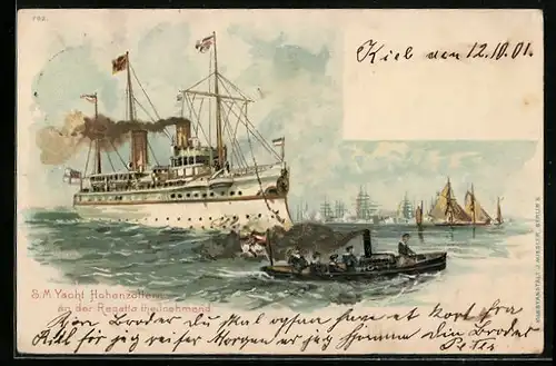 Lithographie Kriegsschiff S. M. Yacht Hohenzollern nimmt an einer Regatta teil