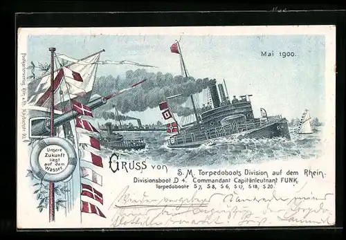 Lithographie SM Torpedoboots-Division auf dem Rhein, Mai 1900