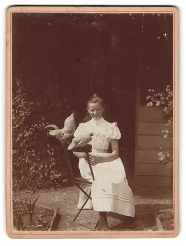 Fotografie A. Hobohm, Holzminden, junges Mädchen mit Hahn und Henne auf der Stuhllehne