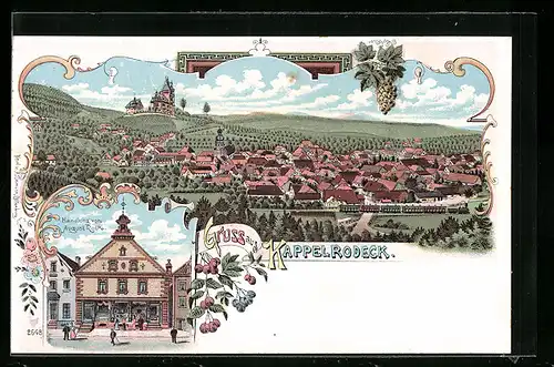 Lithographie Kappelrodeck, Handlung v. August Roth, Ortsansicht mit Dampfzug