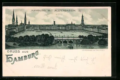 Lithographie Hamburg-Neustadt, Flusspartie mit Dampfschiffen und Kirchtürmen