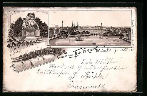 Lithographie Hamburg, Krieger-Denkmal, Alsterlust mit Segelbooten, Ortsansicht mit Kirchtürmen und Binnenalster