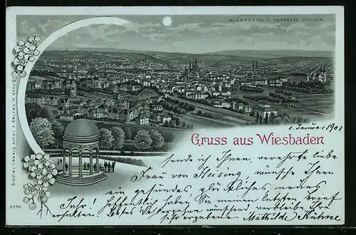 Lithographie Wiesbaden, Panoramablick vom Neroberg, Wappen