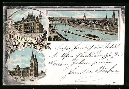 Lithographie Bremen, Uferpartie mit Segelschiffen, Gerichtsgebäude