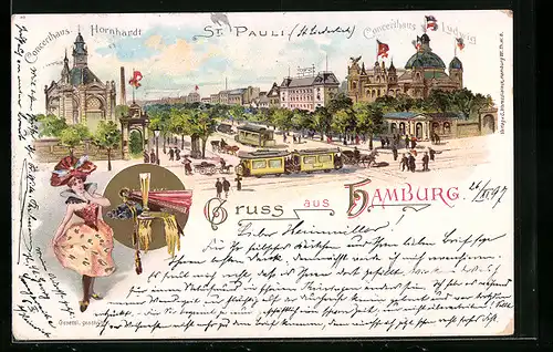 Lithographie Hamburg-St.Pauli, St. Pauli mit Concerthaus Hornhardt, Tänzerin, Sektkelch