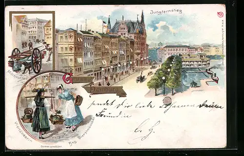 Lithographie Hamburg-Neustadt, der Jungfernstieg, Vierländerin Dienstmädchen in Tracht, Milchkarren