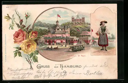 Lithographie Hamburg-St.Pauli, Strassenbahn am Fährhaus St. Pauli