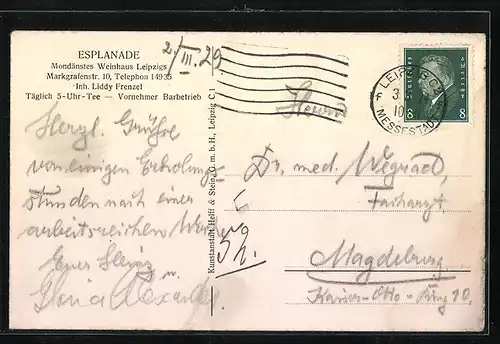AK Leipzig, Weinhaus Esplanade, Inh.: Liddy Frenzel, Markgrafenstrasse 10