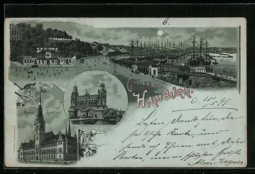 Mondschein-Lithographie Hamburg, Neues Fährhaus, Neues Rathaus, Neue Elbbrücke