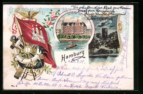 Lithographie Hamburg-Neustadt, Hotel Hamburger Hof, Zoo, Wappen mit Rettungsring