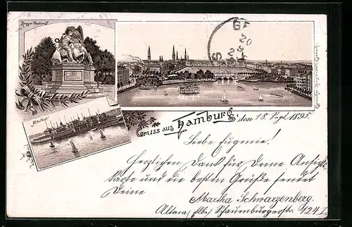 Vorläufer-Lithographie Hamburg-St.Georg, 1895, Krieger-Denkmal, Alsterlust, Ortsansicht