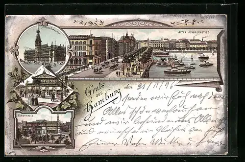 Lithographie Hamburg-Neustadt, Kunsthalle, Alsterpavillon, Neues Rathaus, Alter Jungfernstieg