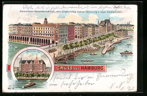Lithographie Hamburg, Hamburger Hof, Alsterarkaden, Reesendammbrücke
