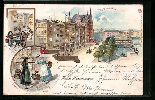 Lithographie Hamburg-Neustadt, der Jungfernstieg, Vierländerin Dienstmädchen in Tracht, Milchkarren