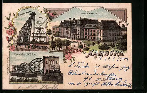Lithographie Hamburg, Justizgebäude, Eisenbahn-Elb-Brücke, Riesen-Krahn
