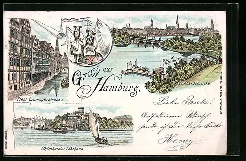 Lithographie Hamburg, Fleet Gröningerstrasse, Lombardsbrücke, Uhlenhorster Fährhaus