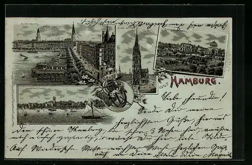 Lithographie Hamburg, Totalansicht mit Nicolai-Kirche