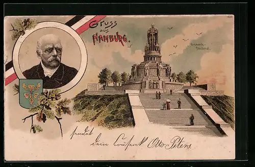 Lithographie Hamburg-St.Pauli, Bismarck-Denkmal, Portrait v. Bismarck