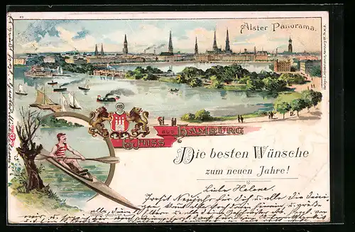 Lithographie Hamburg, Alster-Panorama mit Booten, Ruderer - Kanute, Wappen