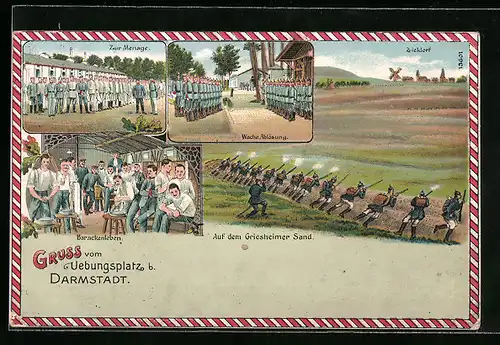 Lithographie Darmstadt, Uebungsplatz, Barackenleben, Wache, Ablösung