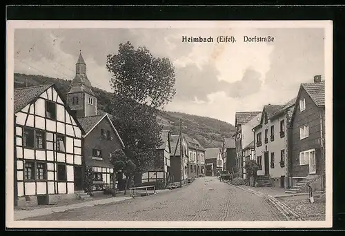 AK Heimbach /Eifel, Dorfstrasse mit Kirche