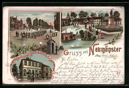 Lithographie Neumünster, Bahnhof`s-Hotel, Drei Kaiser-Denkmal, Mühlenteich