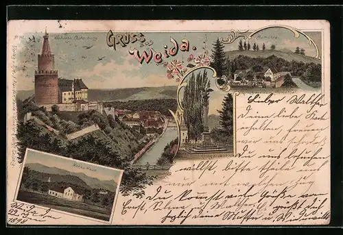 Lithographie Weida, Hohes Haus, Aumühle, Kriegerdenkmal, Schloss Osterburg