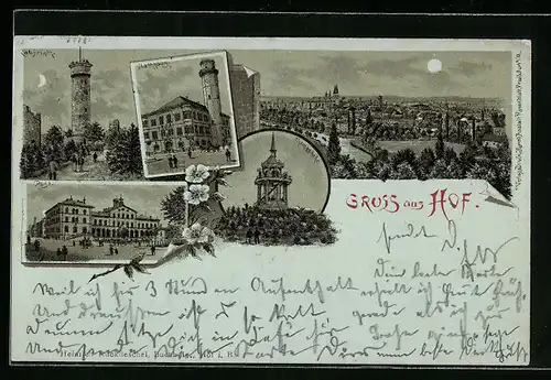 Mondschein-Lithographie Hof, Rathaus, Post, Thomashöhe