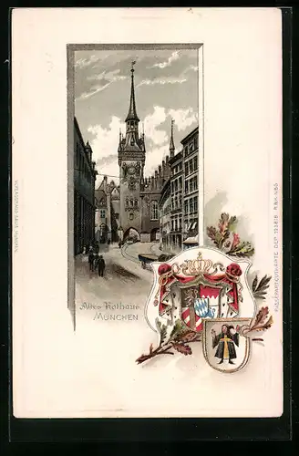 Passepartout-Lithographie München, Strassenpartie am alten Rathaus, Wappen und Münchner Kindl