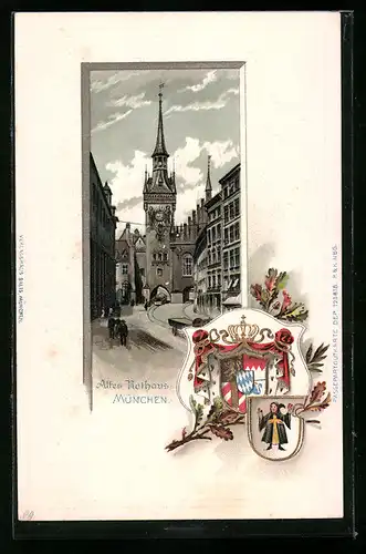 Passepartout-Lithographie München, Strassenpartie am alten Rathaus, Wappen und Münchner Kindl