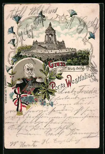 Lithographie Porta Westfalica, Denkmal, Kaiser Franz Joseph I.