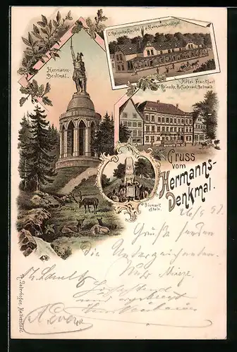 Lithographie Detmold, Hermannsdenkmal, Hotel Frankfurt und Gasthof C. Reinecke