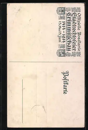 Künstler-AK Crimmitschau, Festpostkarte Stadtrechtsfeier 1914, Rathaus, Roter Turm