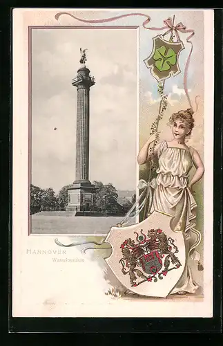 Passepartout-Lithographie Hannover, Waterloosäule, Dame mit Kleeblatt