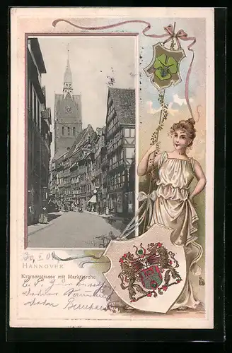 Passepartout-Lithographie Hannover, Kramerstrasse mit Marktkirche, geprägtes Wappen