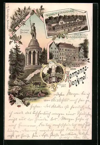 Lithographie Detmold, Hermannsdenkmal, Hotel Frankfurt und Gasthof C. Reinecke